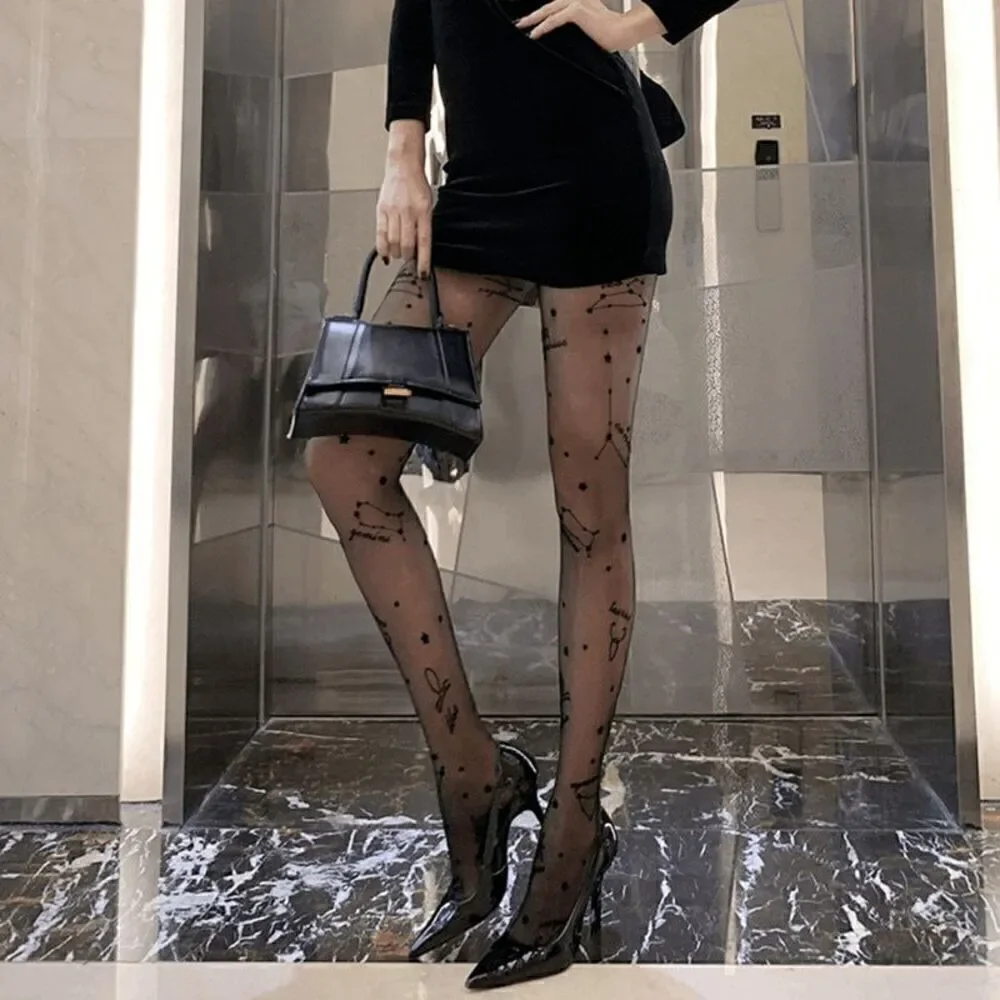 ⭐ Astrology Zodiac Constellations Celestial Print Black Sheer Nylon Tights NEW